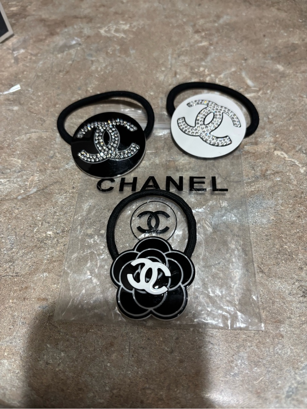 3 New CHANEL Black and White Crystal Hair Ties